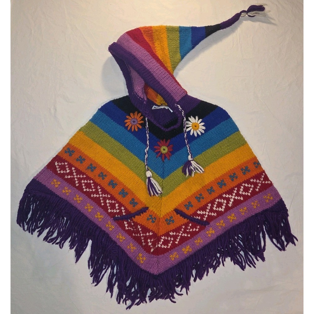 Norskwear Rainbow Chunky Knit 100% Wool Pointy Hood Poncho, Big Girl's Size S
